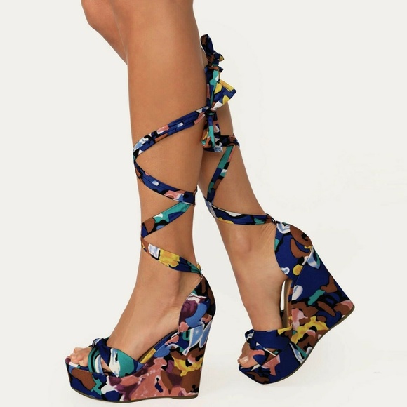 BAMBOO Shoes - New Lace Up Open Toe Sandal Wedge Platform Heel